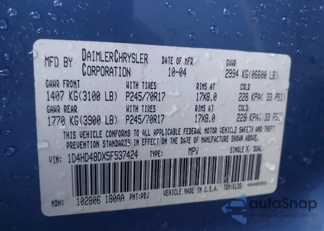 2005 Dodge Durango Slt z USA, uszkodzony, nr VIN 1D4HD48DX5F537424